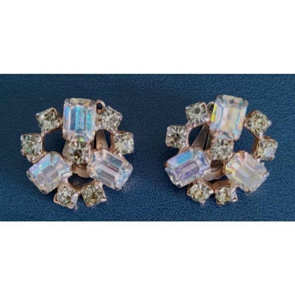 Vintage Mid Century Yellow Rhinestone Starburst Earrings Clip On - Picture 4 of 6